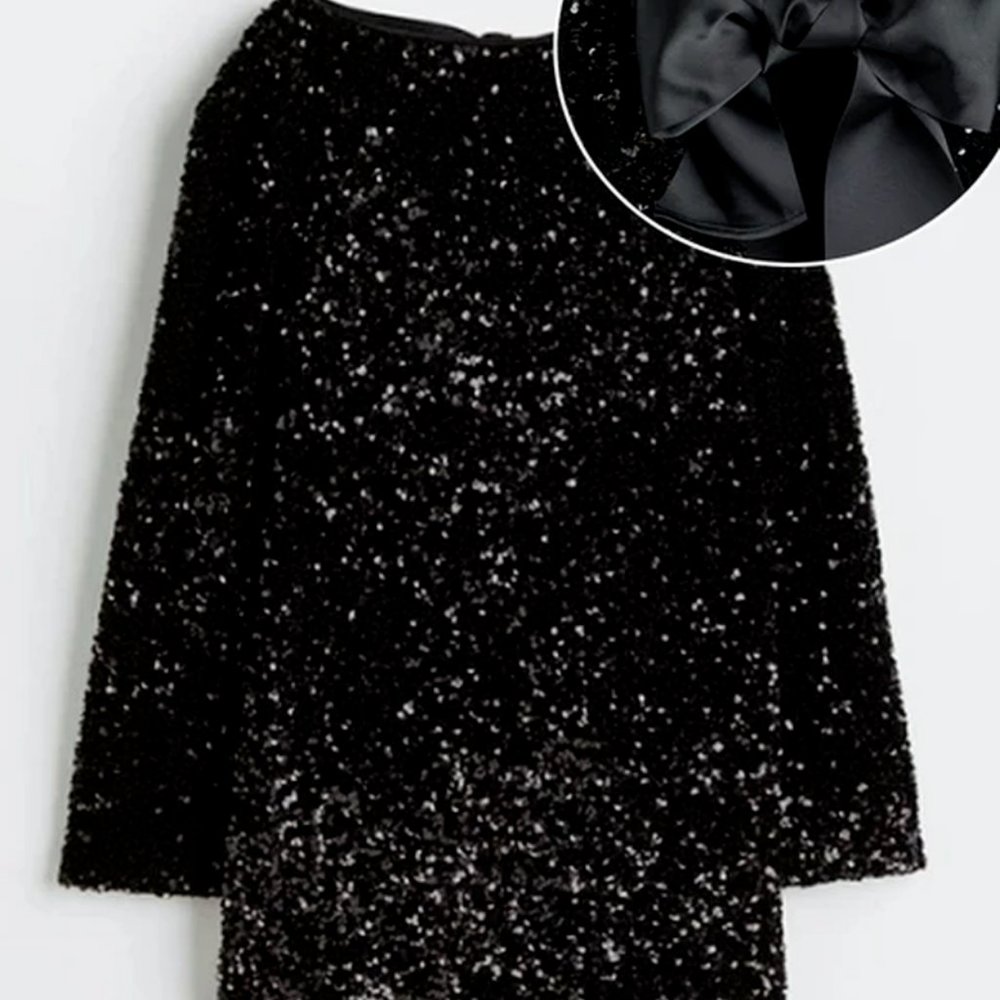Shining Sequin Hollow Out Bowknot Mini Dress Women Long Sleeve Slim Black